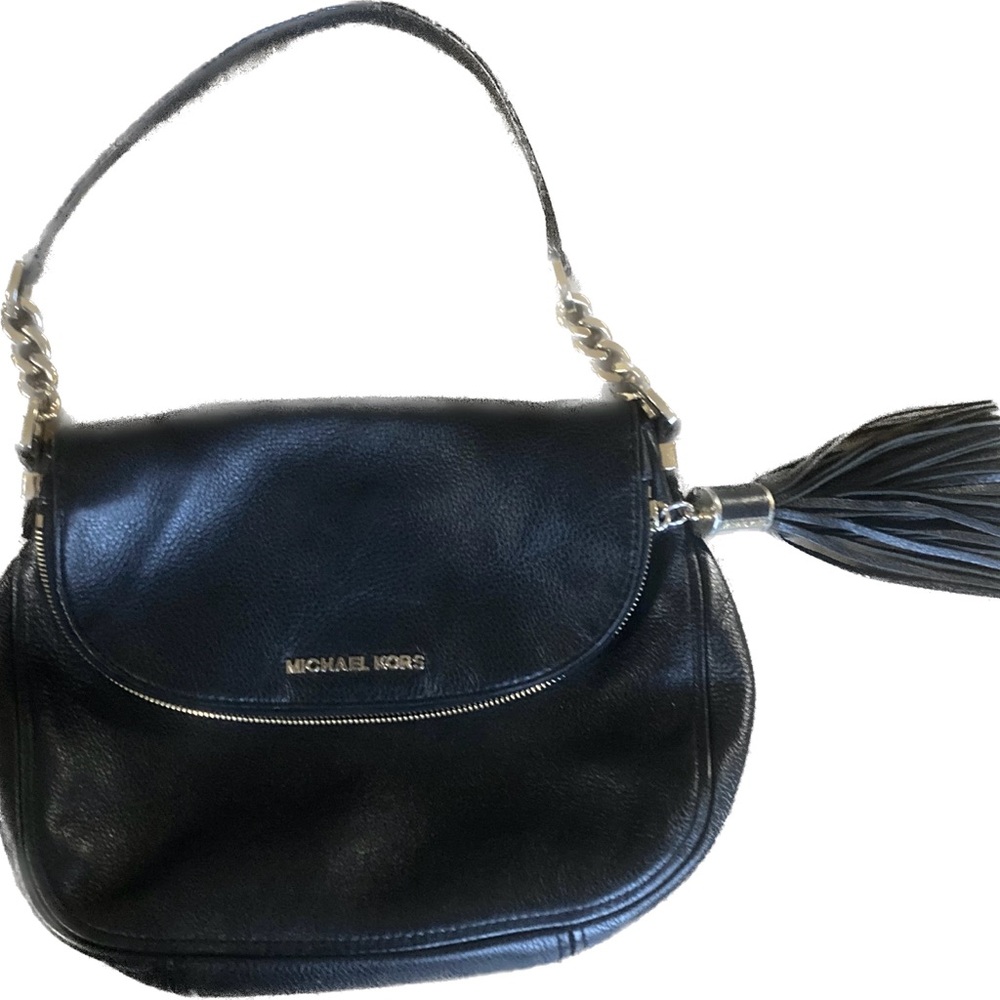 Michael Kors Black Leather Shoulder Bag with Tassel Accent